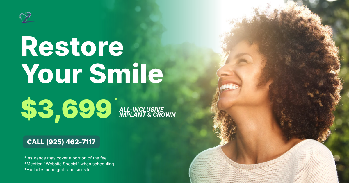 A website banner for Zhao Dental in Pleasanton featuring a smiling woman with curly hair backlit by natural sunlight, promoting an all-inclusive dental implant and crown special.