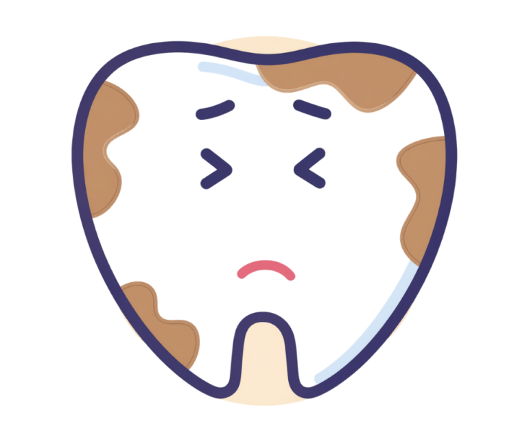 A cartoon graphic illustration of a sad, aching tooth covered in brown spots to represent tooth decay and cavities, set against a transparent checkerboard background.