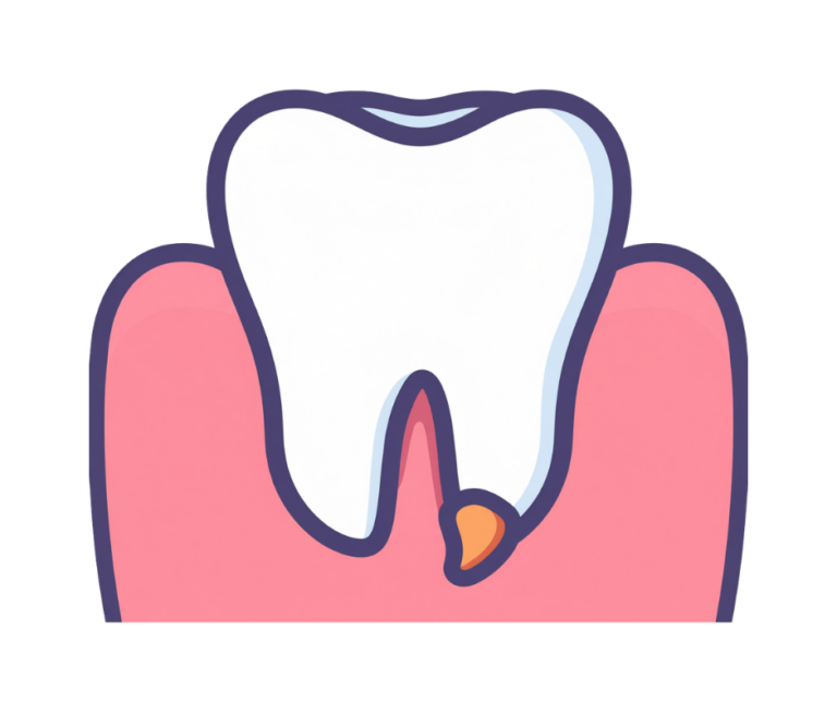 A colorful graphic illustration of a human tooth sitting in pink gums, highlighting a targeted area on the tooth root, against a transparent checkerboard background.