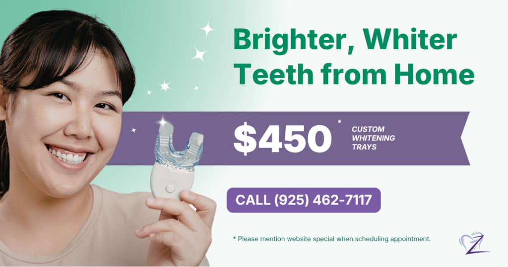 A website banner for Zhao Dental in Pleasanton featuring a smiling woman holding up a custom take-home teeth whitening tray, promoting a home whitening special.