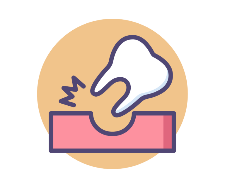 A graphic illustration within a beige circle showing a tooth being removed or extracted from a pink gum socket, on a transparent checkerboard background.