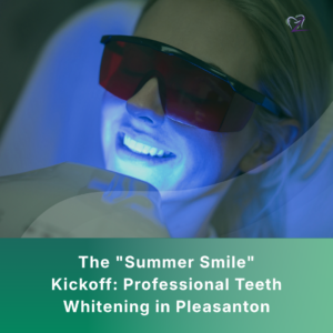 A close-up of a person with a bright, confident smile outdoors in Pleasanton during sunset, representing a healthy, professionally whitened summer smile.