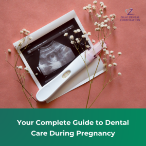 A happy pregnant woman sitting comfortably in a dental chair during a routine prenatal checkup, smiling warmly while discussing her care.