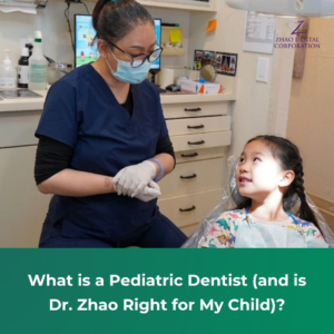 A cheerful pediatric dentist kneeling beside a young child sitting comfortably in a dental chair, showing them a toothbrush and a friendly dental tool in a colorful, kid-friendly clinic.
